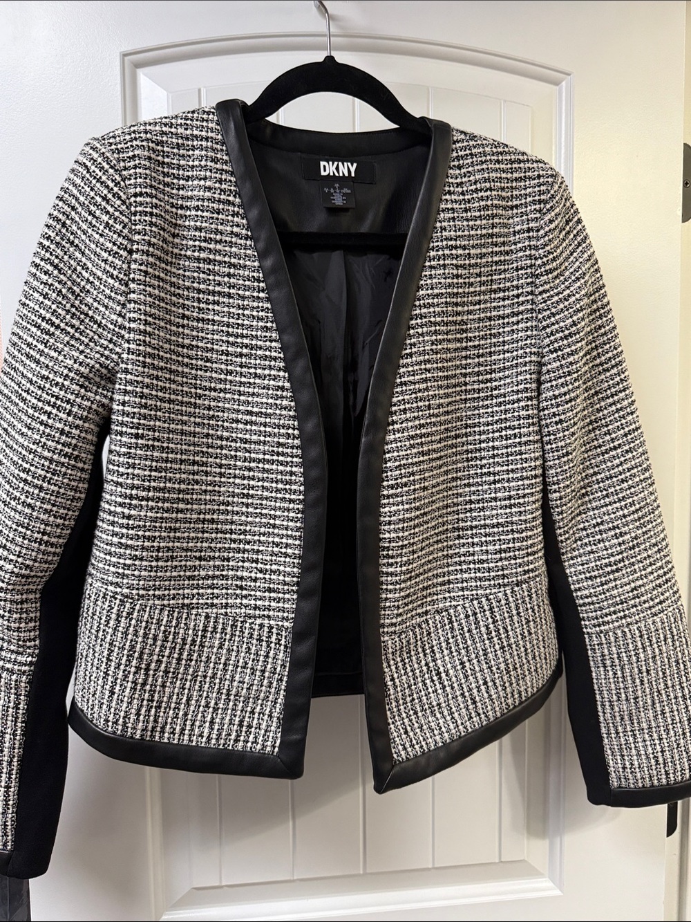 DKNY Black and White Tweed Faux-Leather Trim Blazer